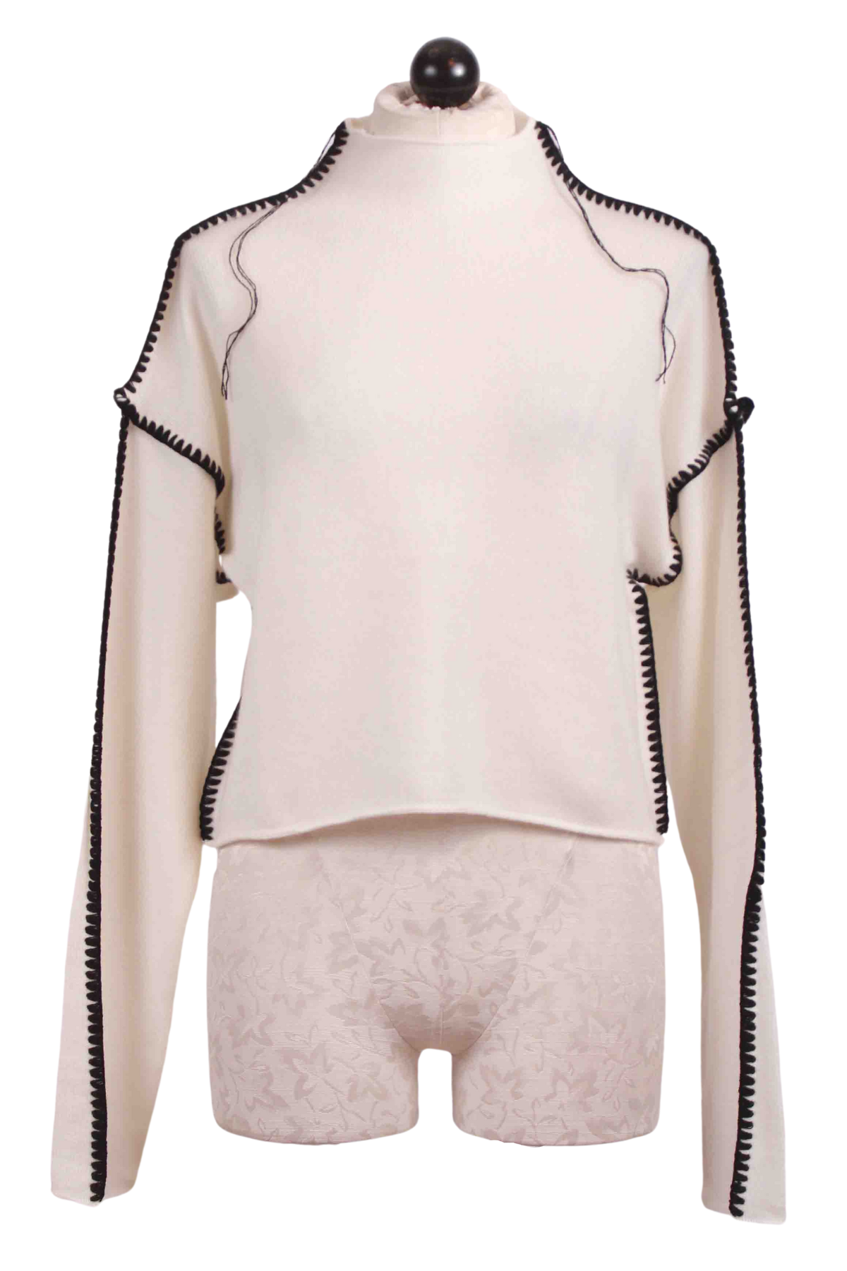 Cream Mock Neck Annie Cashmere Cropped Sweater by Chan Luu with Black Contrast Stitching