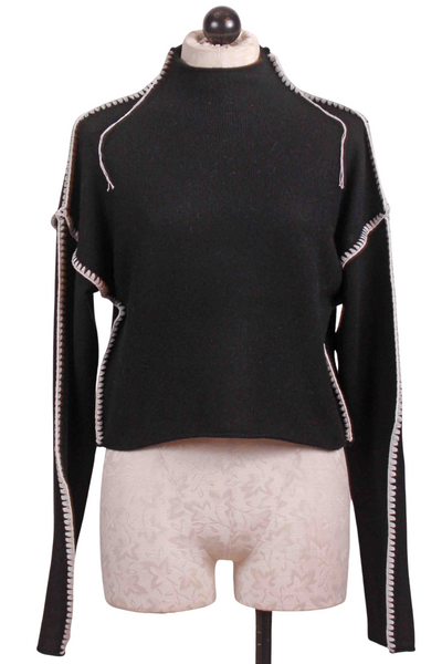 Black Mock Neck Annie Cashmere Cropped Sweater by Chan Luu with Cream Contrast Stitching