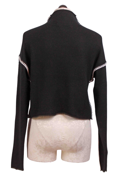 back view of Black Mock Neck Annie Cashmere Cropped Sweater by Chan Luu with Cream Contrast Stitching