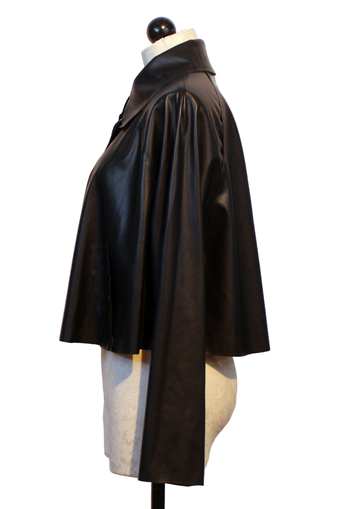 side view of Black Vegan Leather Cropped Swing Jacket by Planet