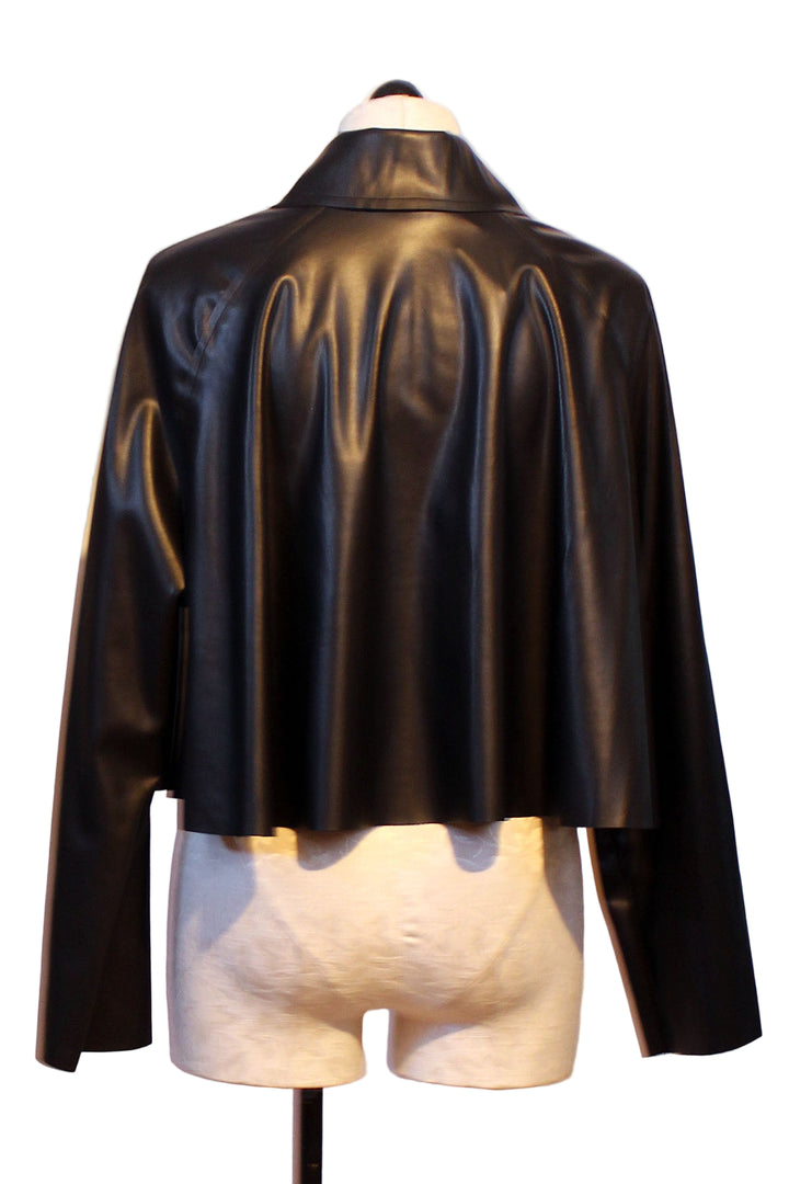 back view of Black Vegan Leather Cropped Swing Jacket by Planet