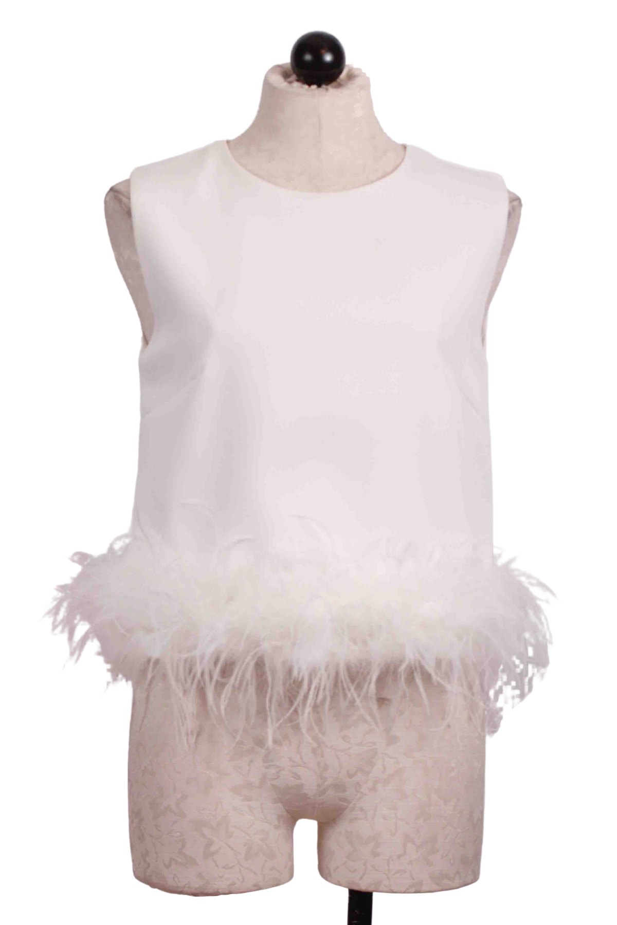 White Sleeveless Cotton Top with Ostrich Feather Bottom by Jessie Liu