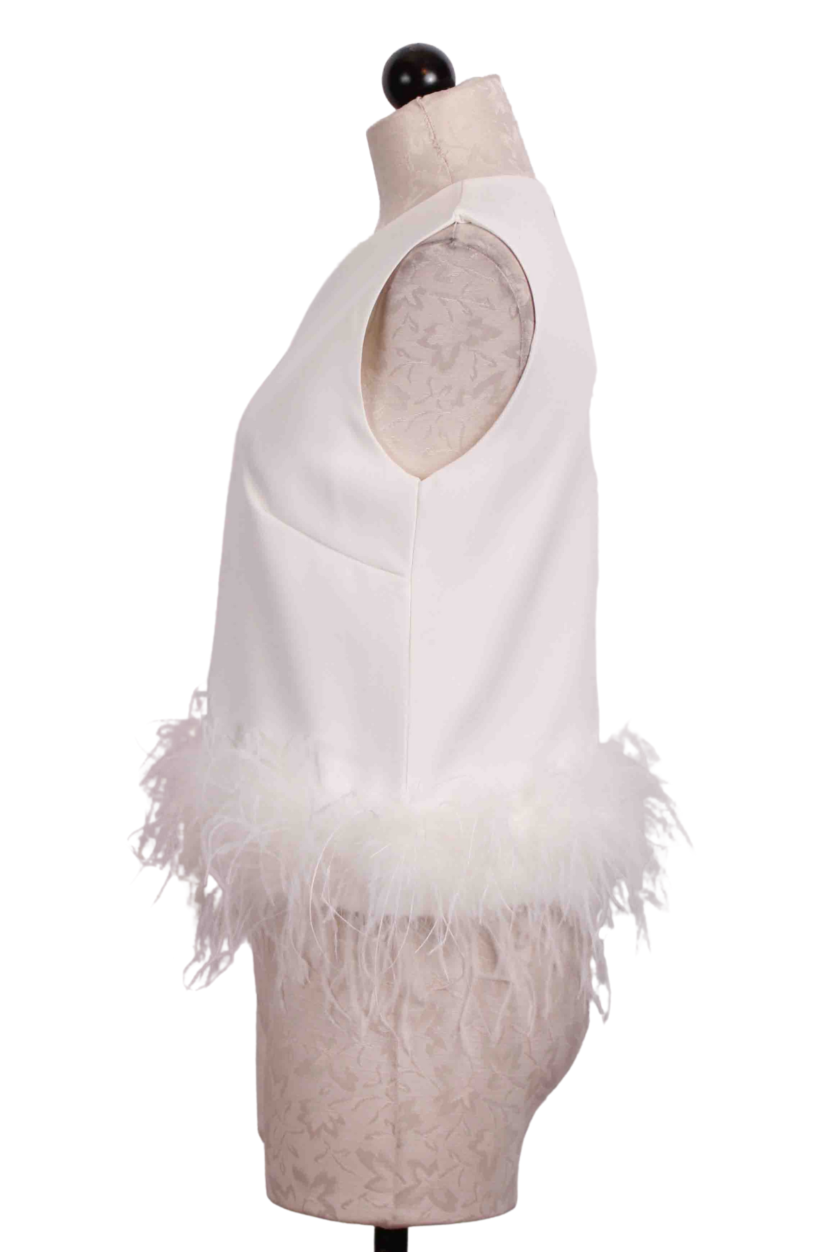 side view of White Sleeveless Cotton Top with Ostrich Feather Bottom by Jessie Liu