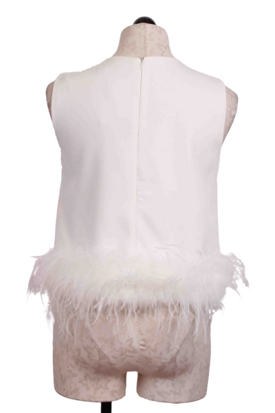 back view of White Sleeveless Cotton Top with Ostrich Feather Bottom by Jessie Liu