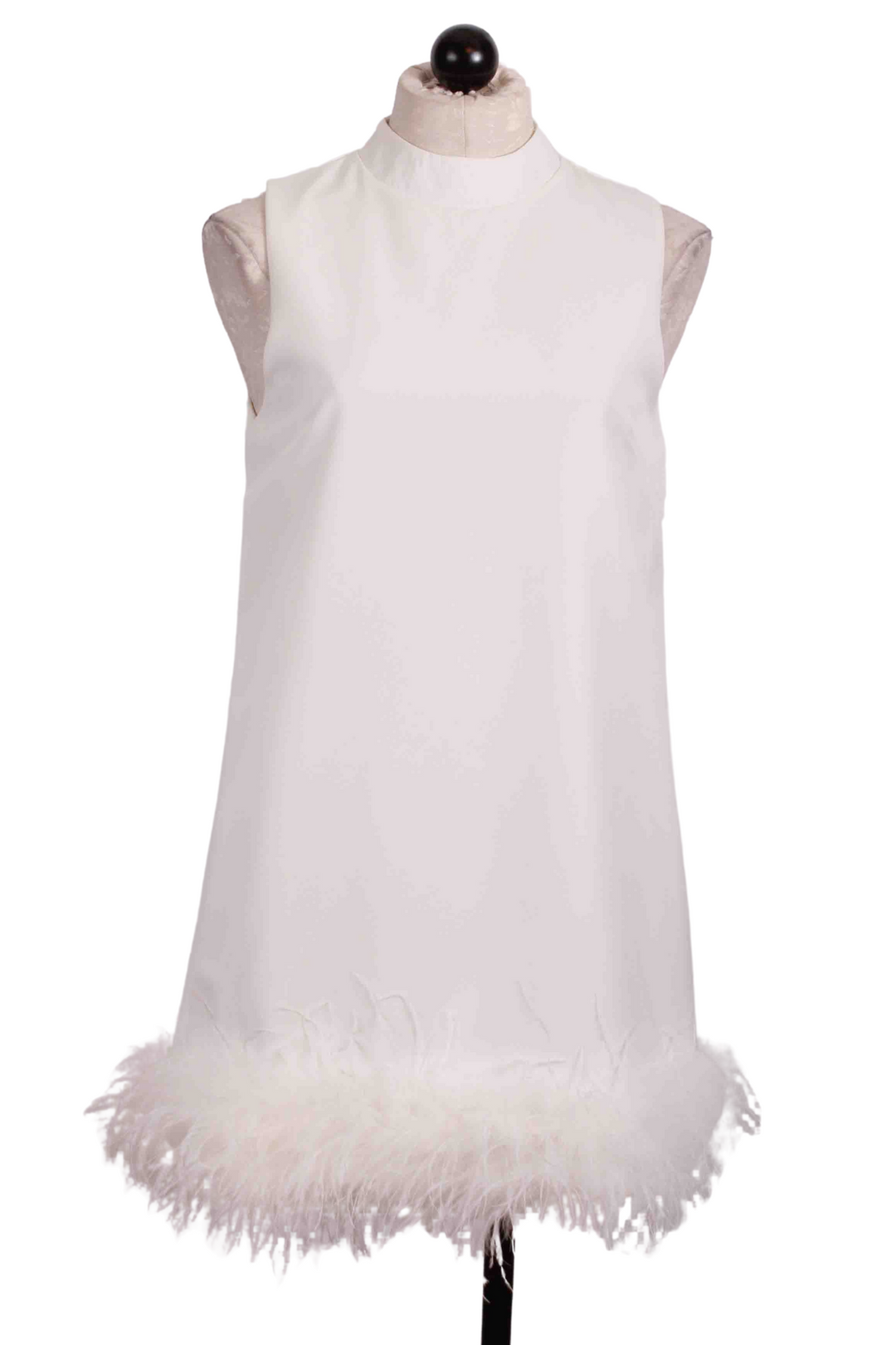 White Sleeveless Dress with Ostrich Feather Bottom by Jessie Liu