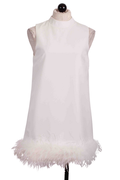White Sleeveless Dress with Ostrich Feather Bottom by Jessie Liu