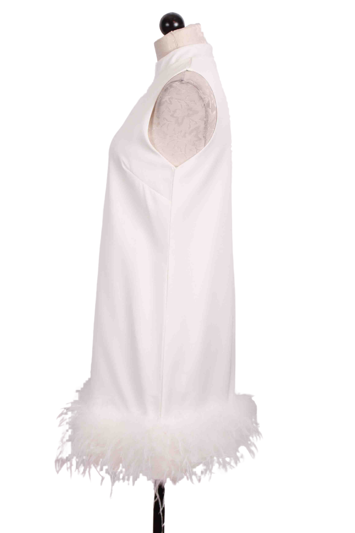 side view of White Sleeveless Dress with Ostrich Feather Bottom by Jessie Liu