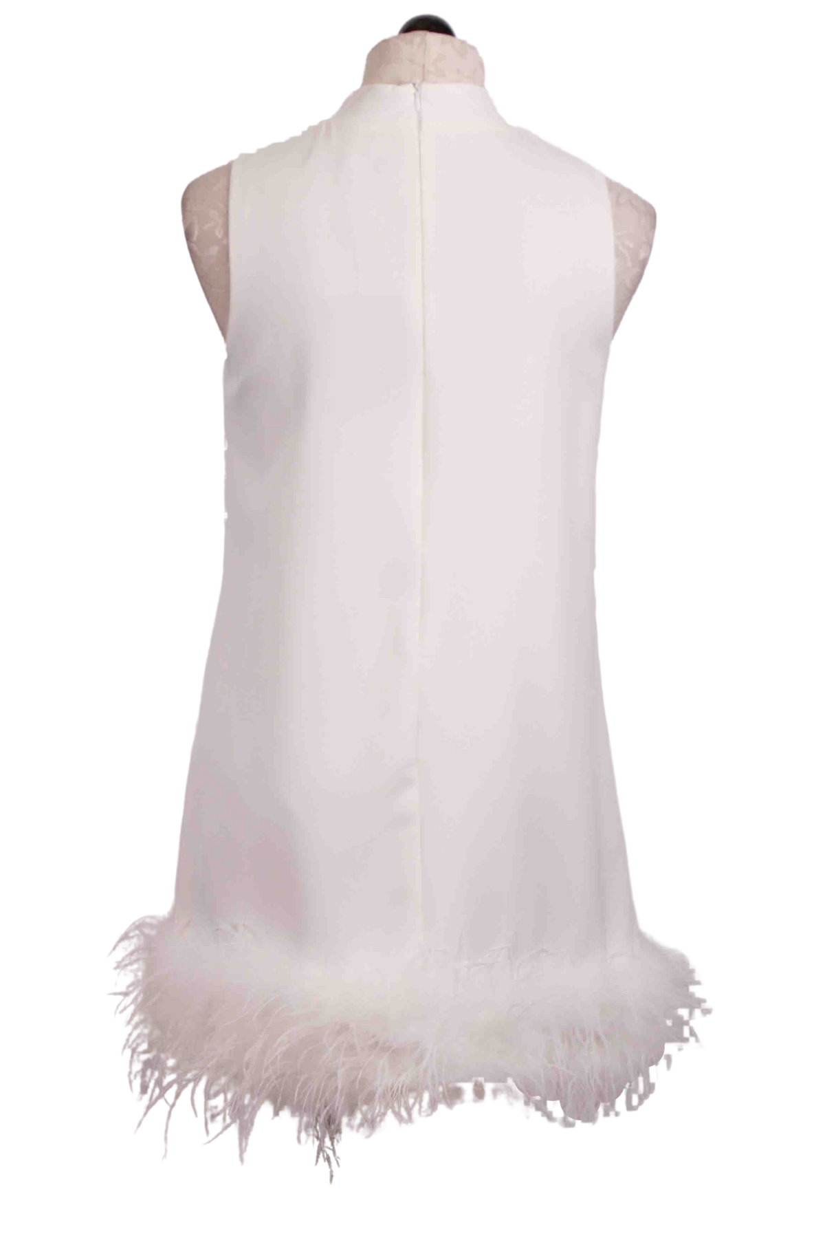 back view of White Sleeveless Dress with Ostrich Feather Bottom by Jessie Liu