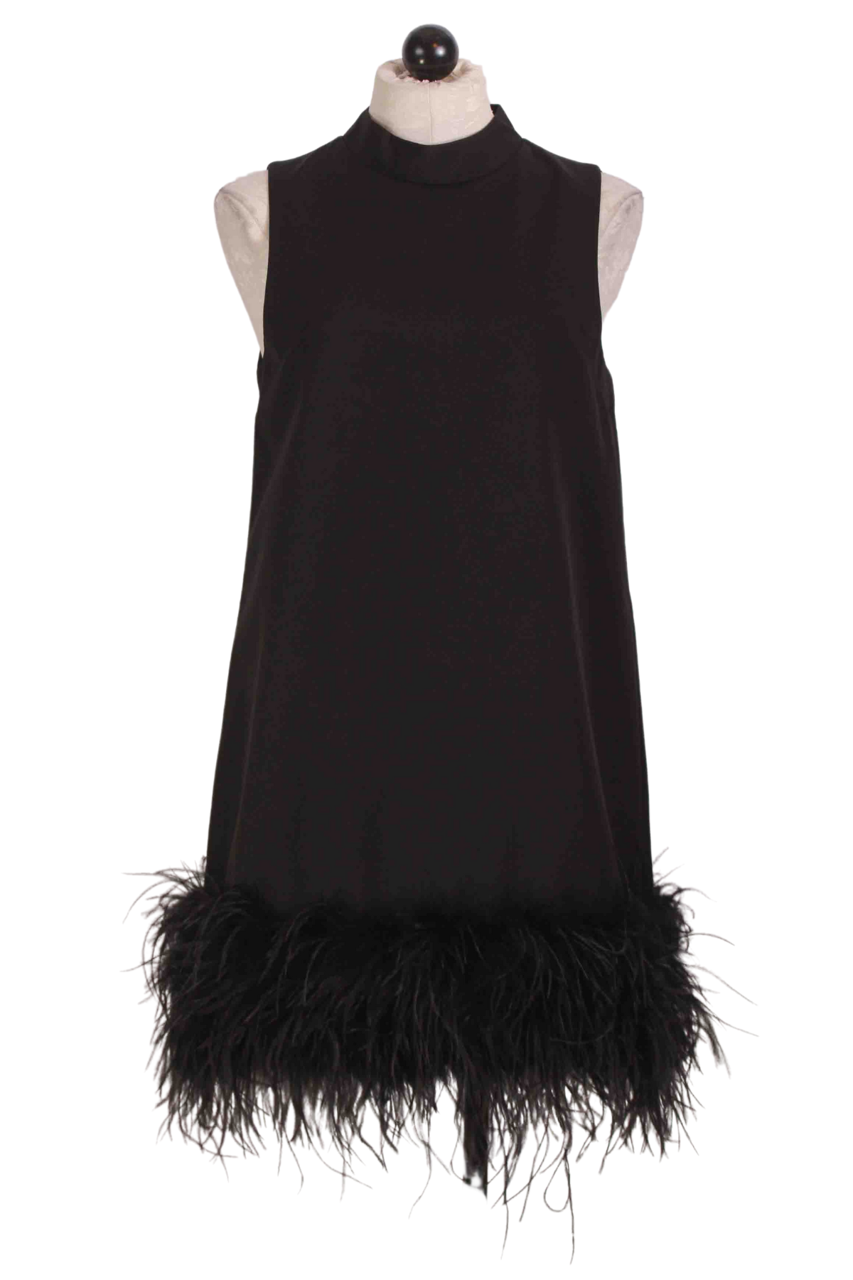 Black Sleeveless Dress with Ostrich Feather Bottom by Jessie Liu