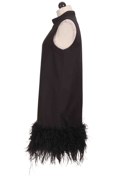 side view of Black Sleeveless Dress with Ostrich Feather Bottom by Jessie Liu