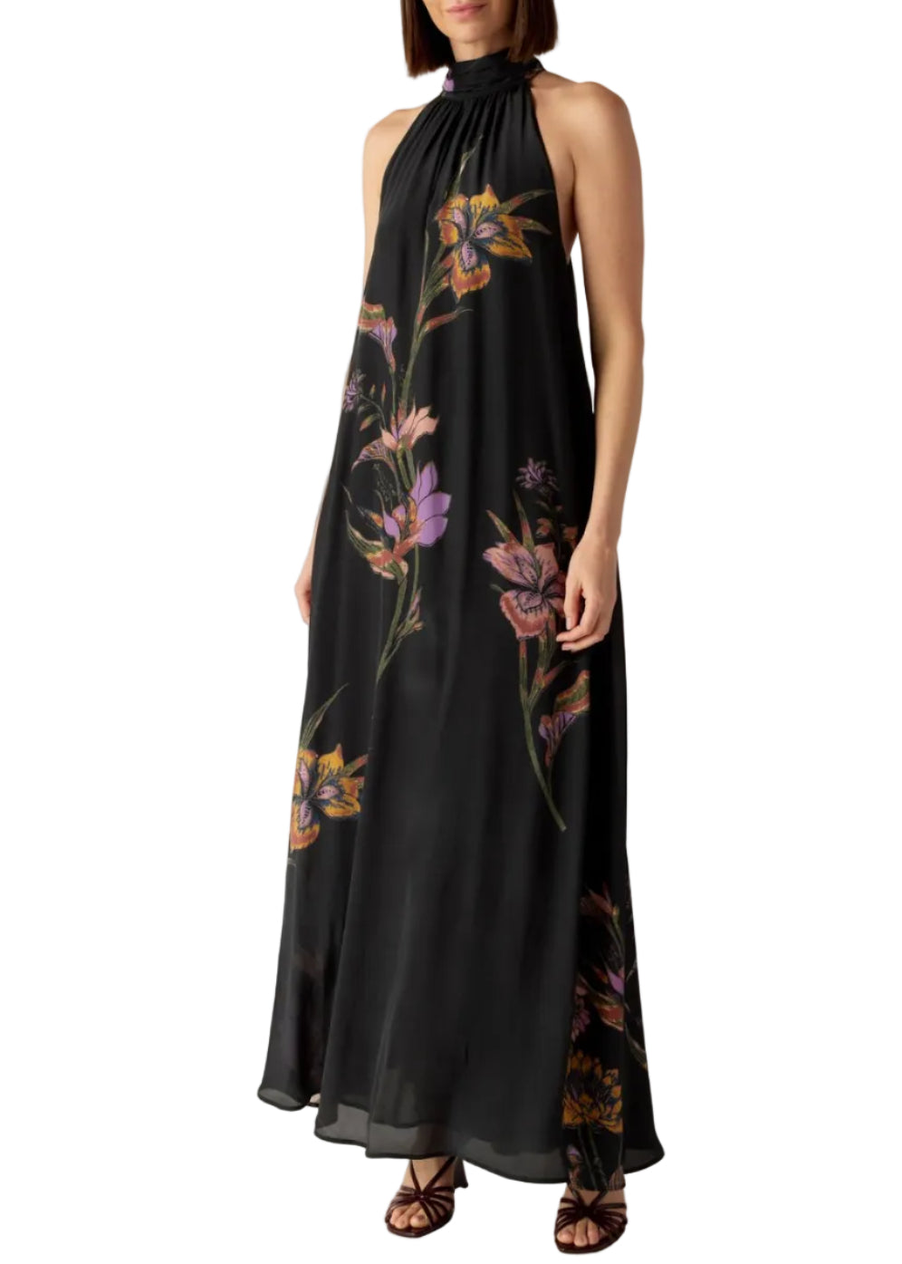 Model wearing the Penelope Dress by Marie Oliver without the belt in the NIGHTSHADE Print 