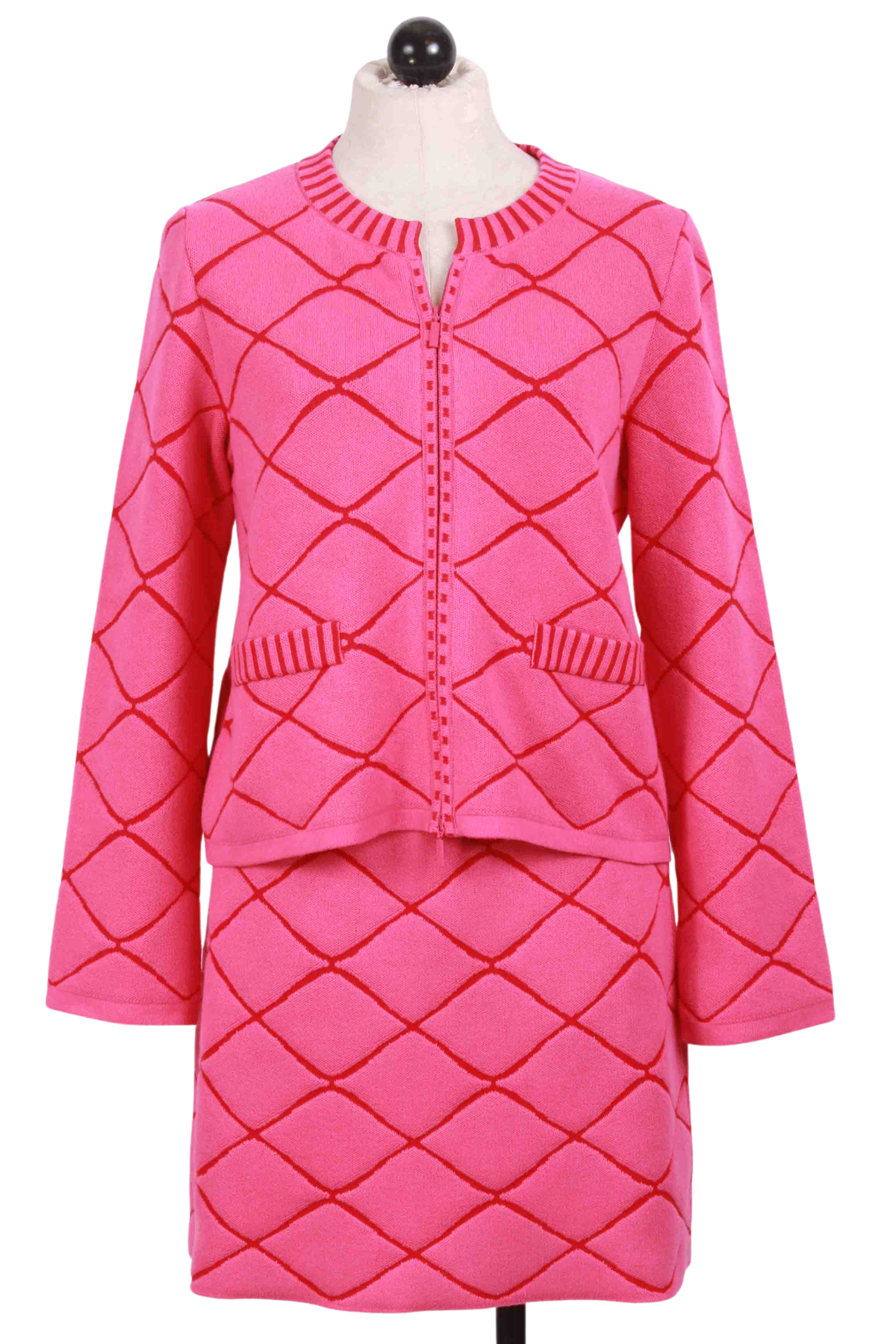 Pink and Red Structure Pattern Zip Front Jacket by Ivko with matching Structure Pattern Mini Skirt