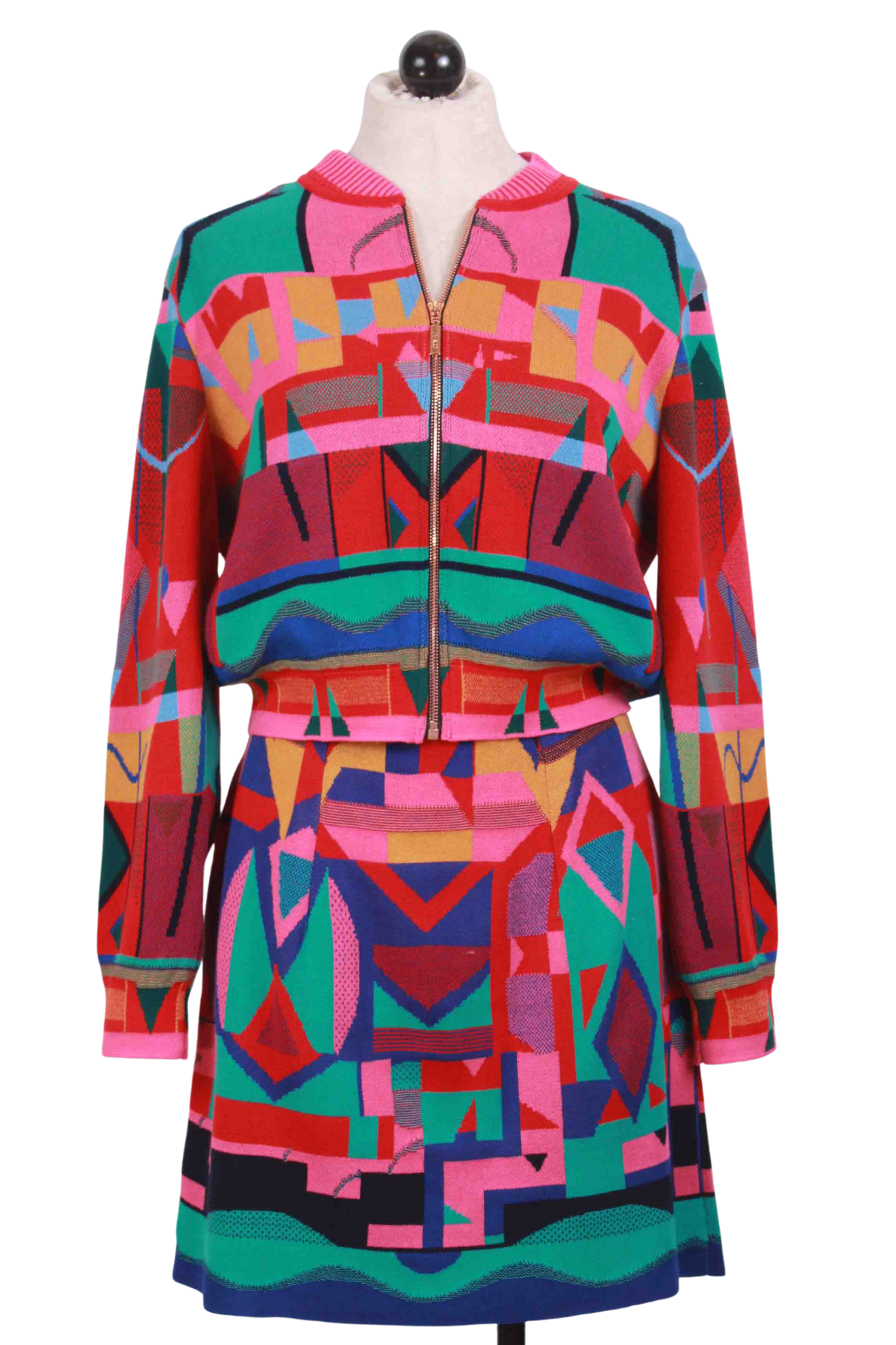 Cherry Multi Abstract Pattern Mini Skirt by Ivko with the Cherry Multi Abstract Pattern Zip Front Jacket