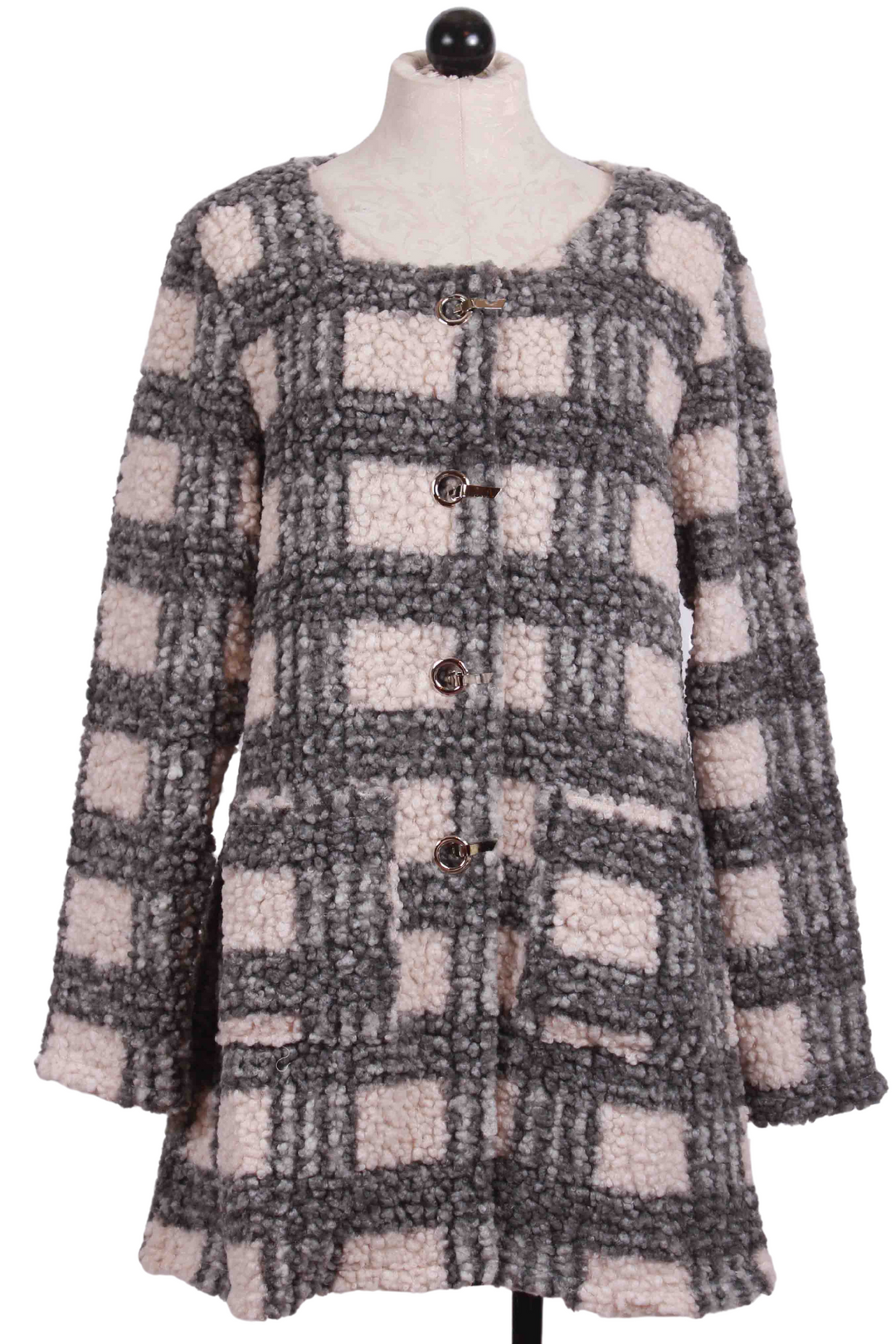 Cream and Gray Snap Front Sherpa Plaid Jacket by Radzoli