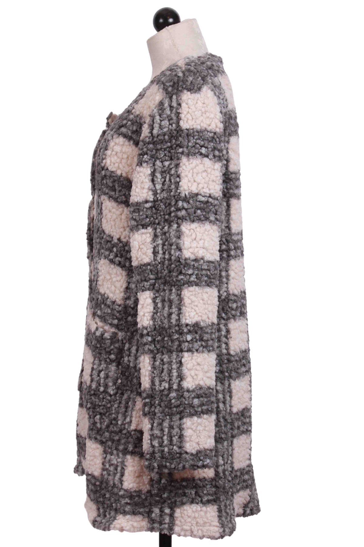 side view of Cream and Gray Snap Front Sherpa Plaid Jacket by Radzoli