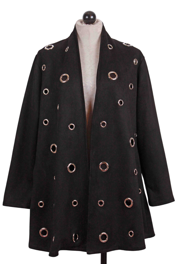 Black Open Front Faux Suede Jacket with Grommets by Radzoli