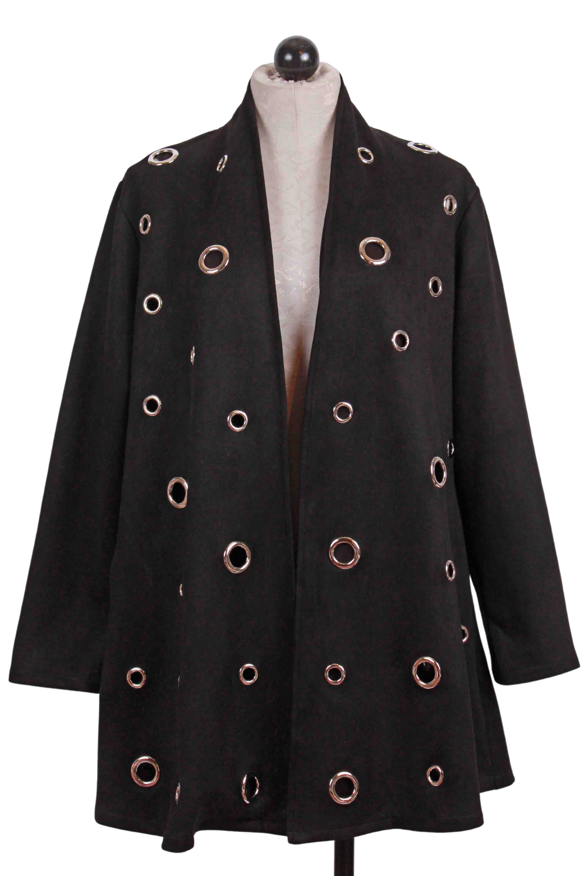 Black Open Front Faux Suede Jacket with Grommets by Radzoli