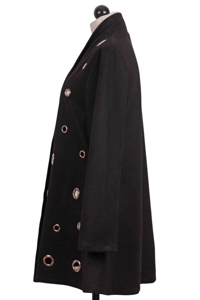 side view of Black Open Front Faux Suede Jacket with Grommets by Radzoli
