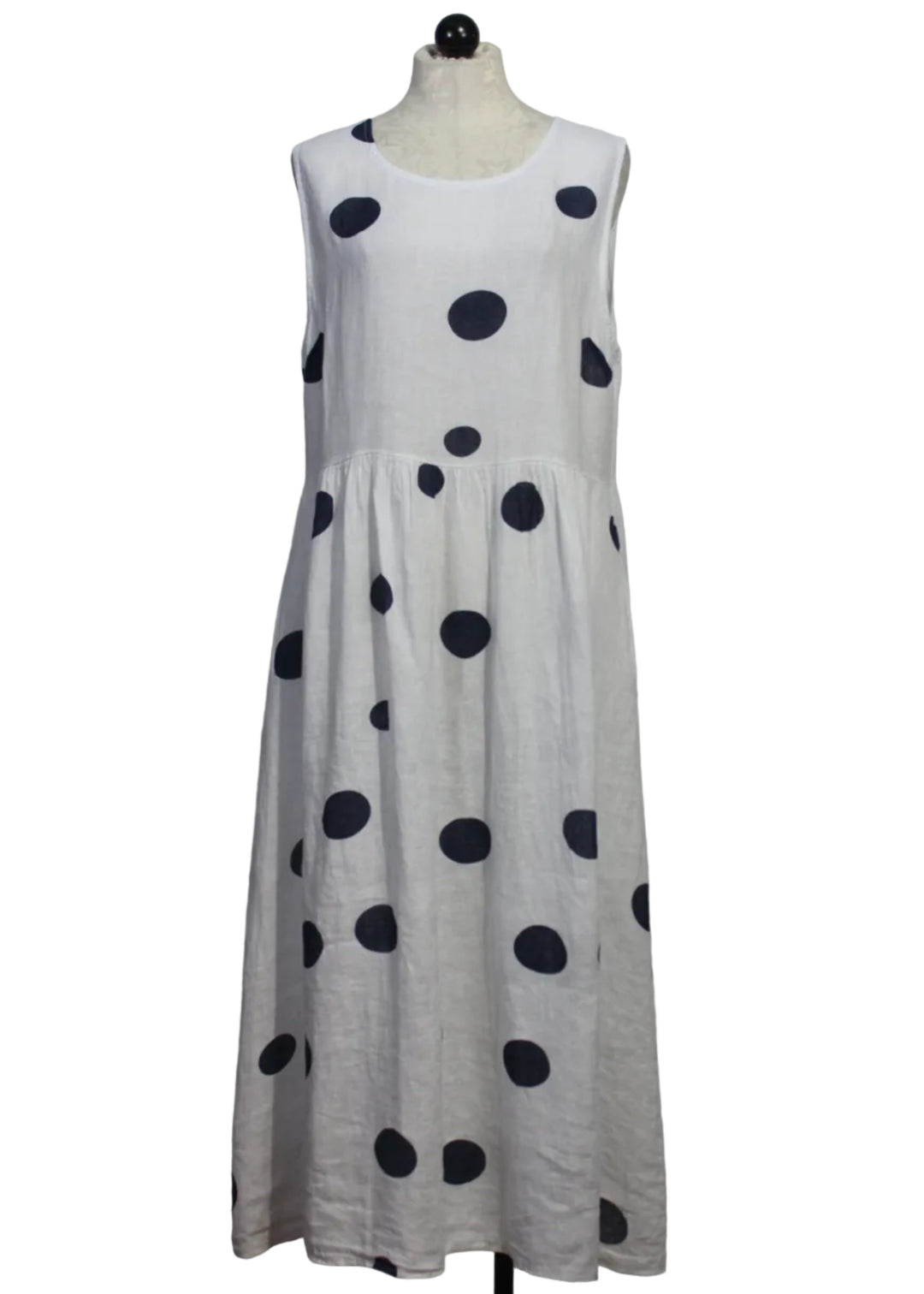 White Linen Sleeveless Dress With Navy Polka Dots by Bella Amore