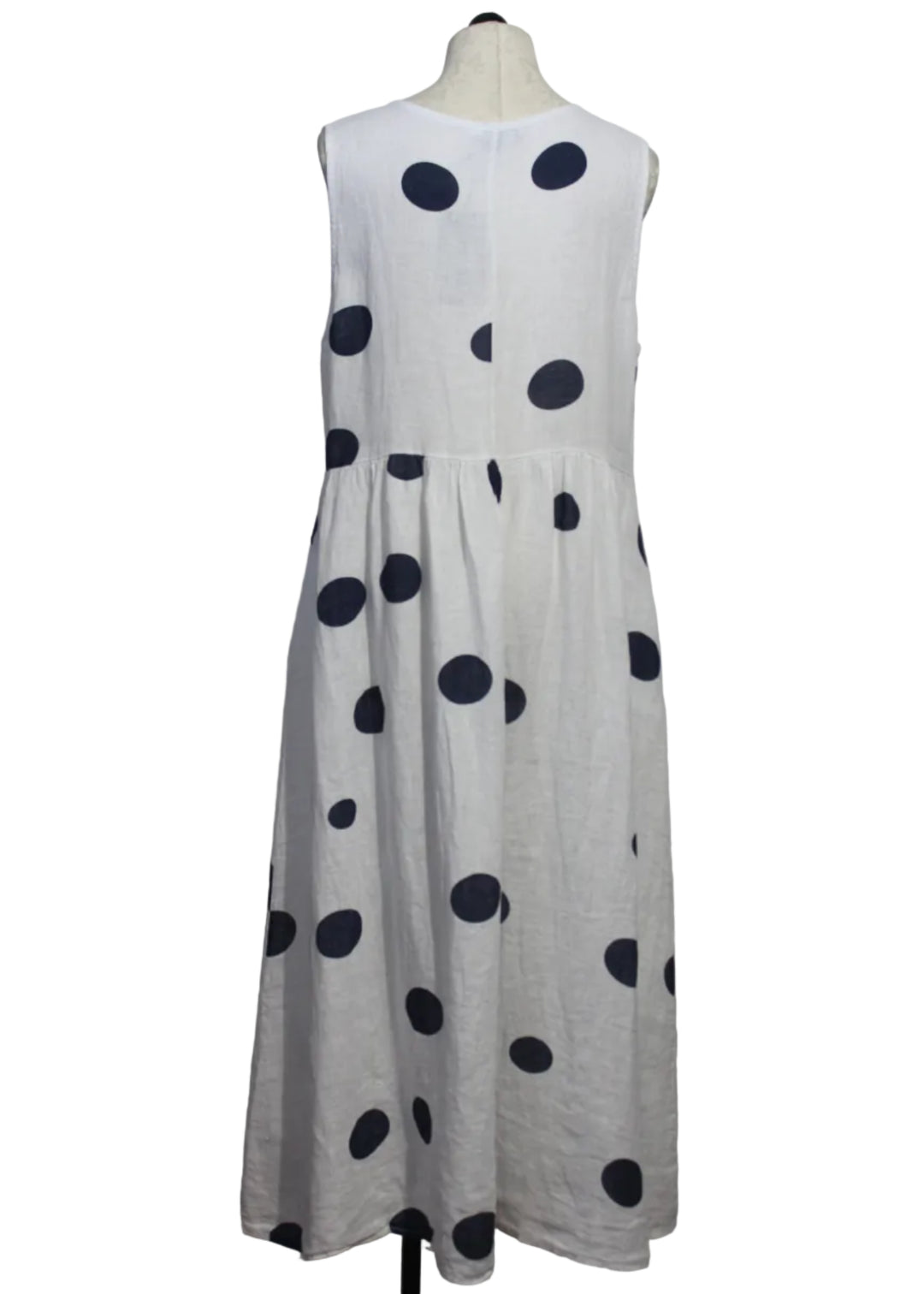 back view of White Linen Sleeveless Dress With Navy Polka Dots by Bella Amore
