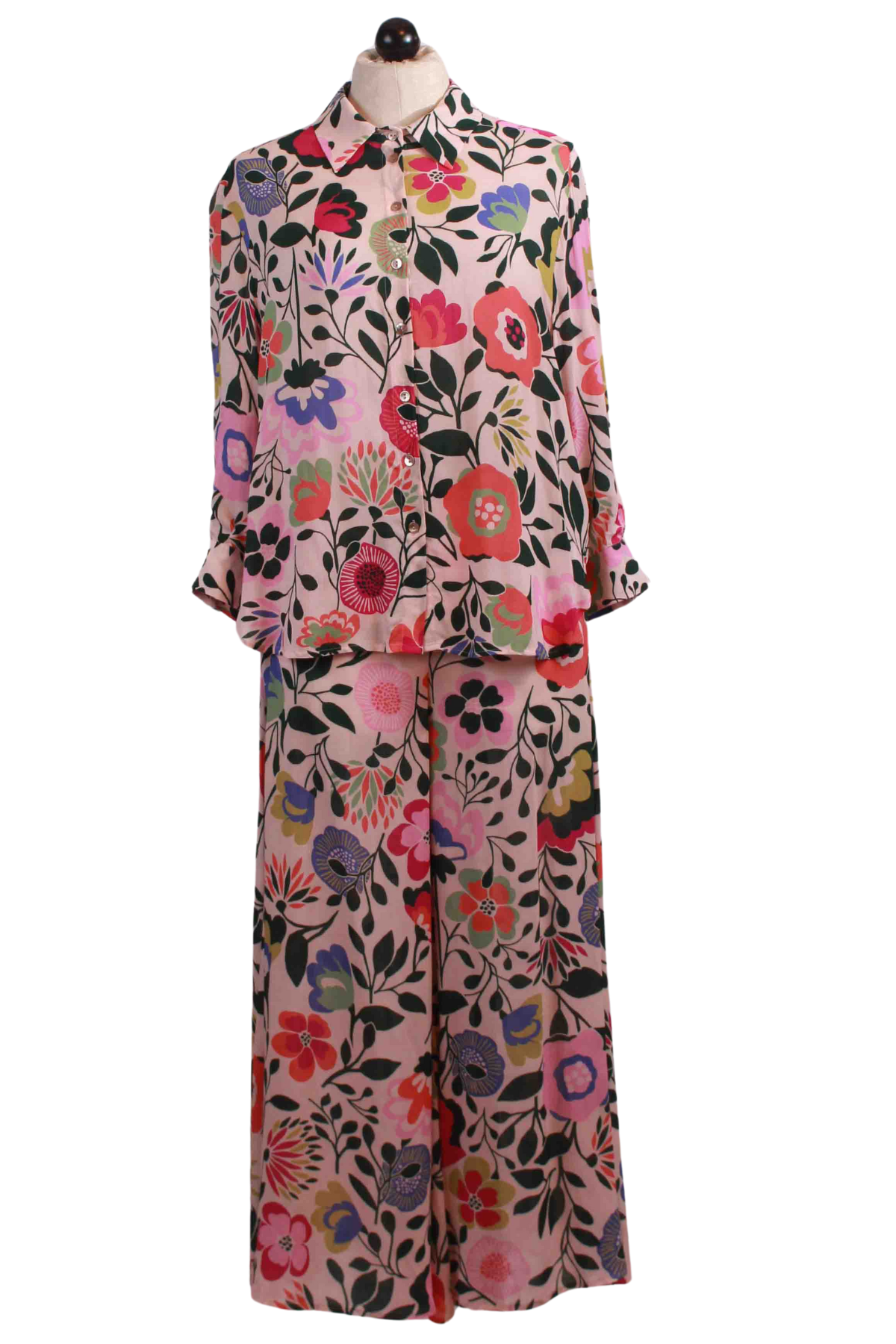 Powder Floral Print Viscose Shirt by Ivko with matching wide leg pant