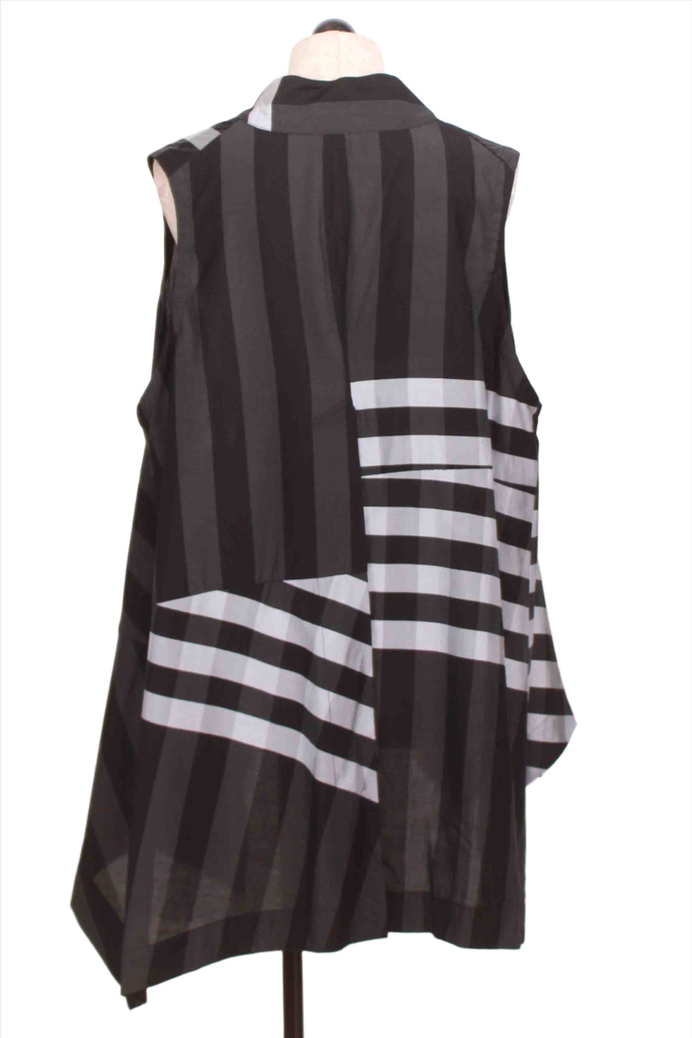 back view of Black/White/Grey Hi Lo Mixed Plaid and Stripe Taffeta Vest by Moyuru
