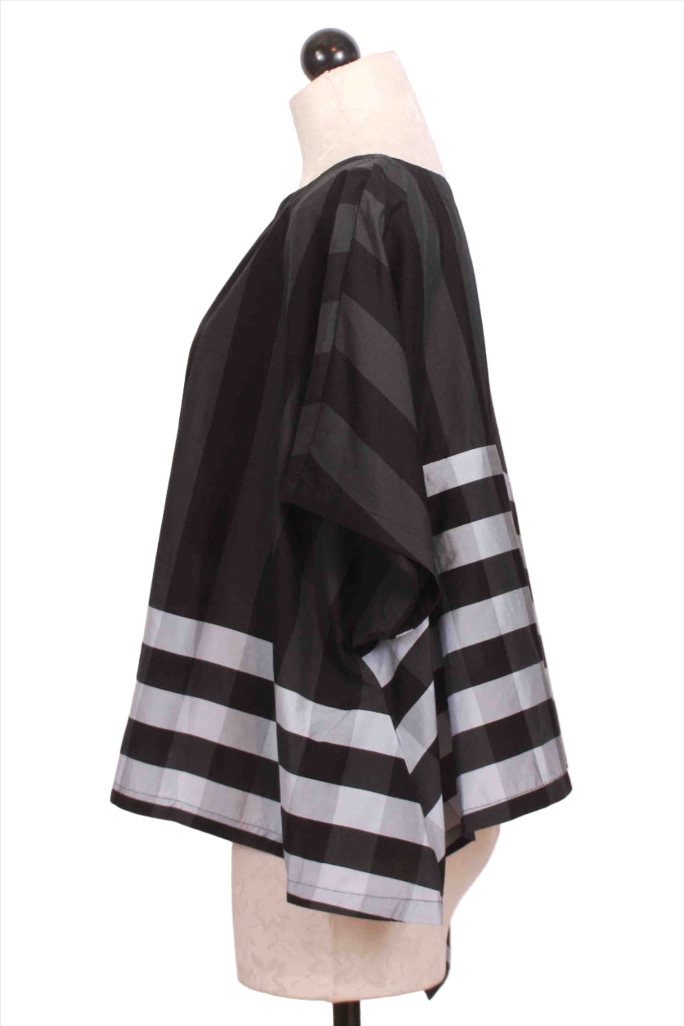 side view of Black/Grey/White Mixed Plaid and Stripe Taffeta Top by Moyuru