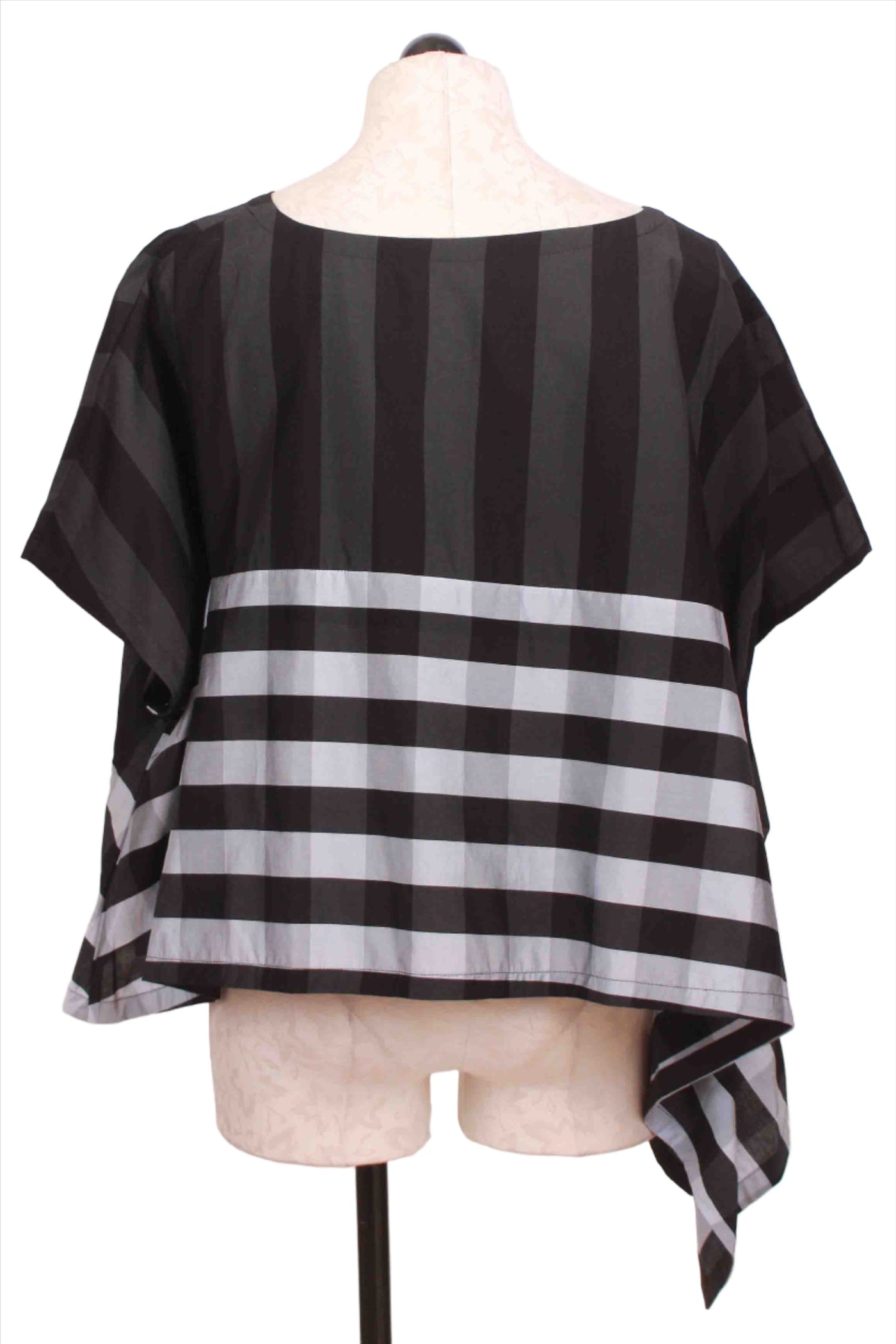 back view of Black/Grey/White Mixed Plaid and Stripe Taffeta Top by Moyuru
