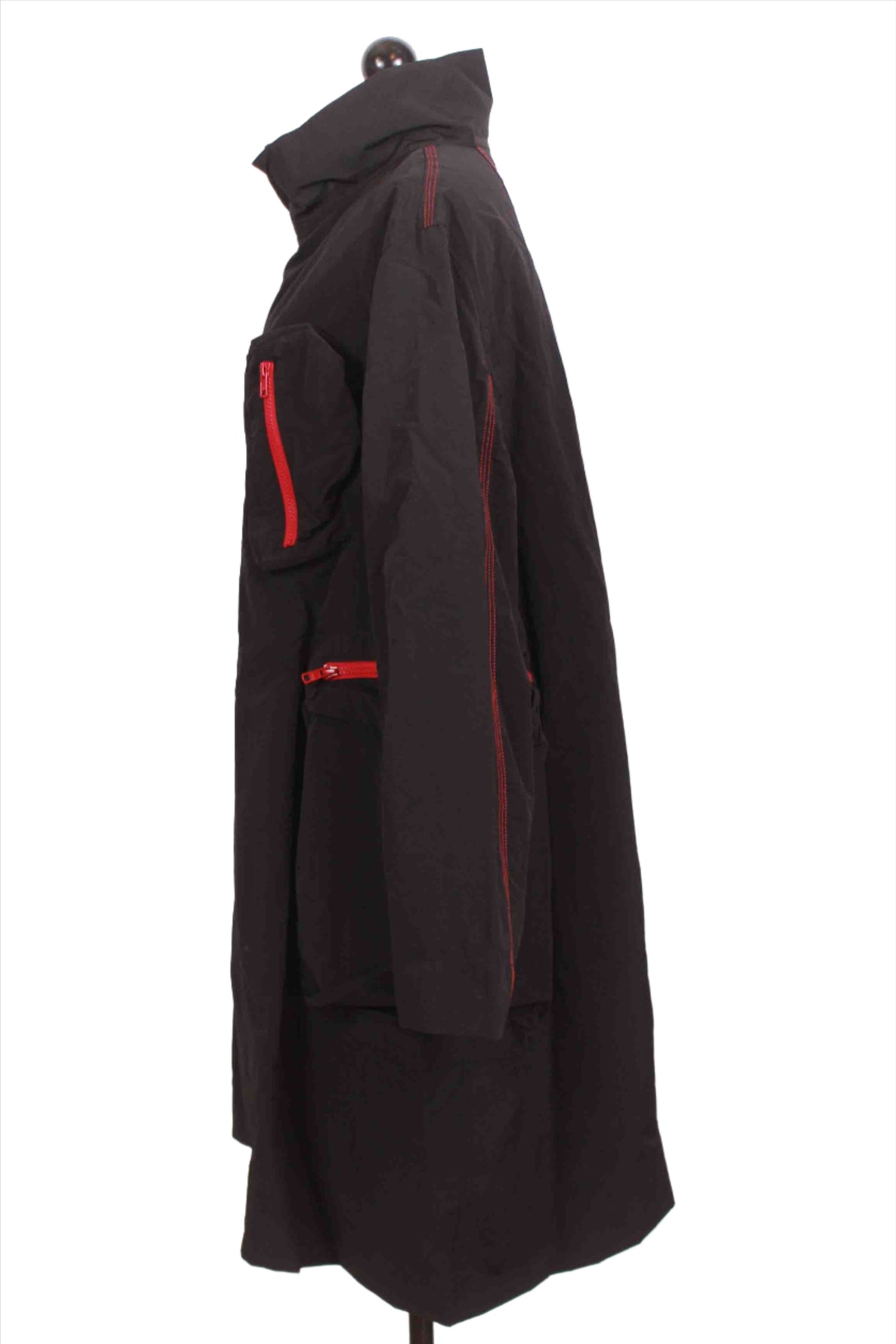 side view of Red Zippered Nylon Black Coat by Moyuru