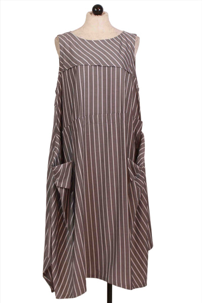Sleeveless Grey and White Striped Slouch Pocket Dress-Moyuru
