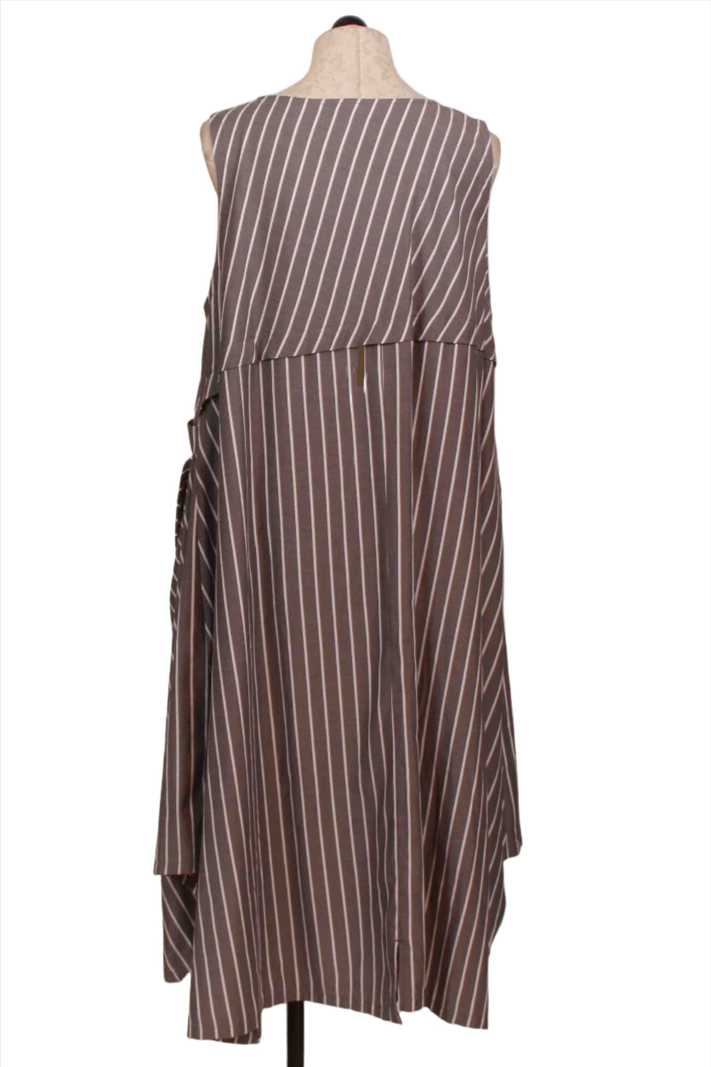 back view of Sleeveless Grey and White Striped Slouch Pocket Dress-Moyuru