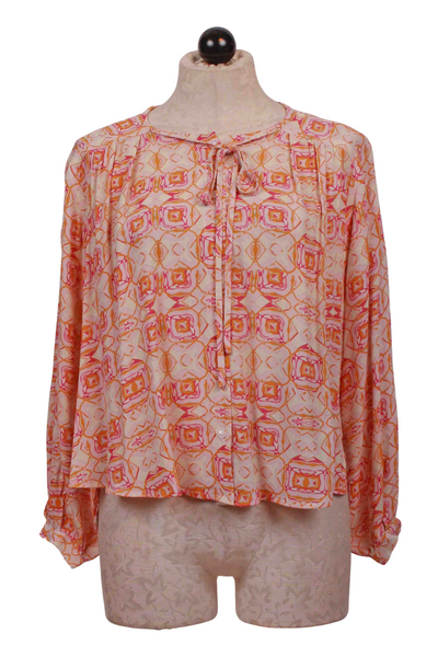 Off White and Pink Soft Pastel Kaleidoscope Print Blouson Sleeve Blouse by See You Soon