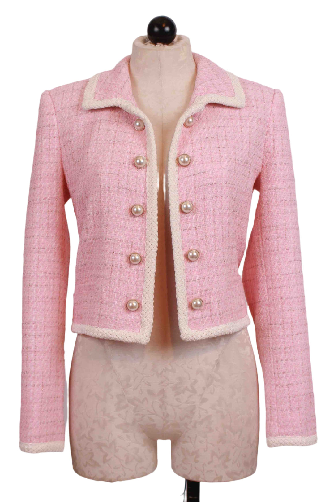 Light Pink Lenore Tweed Blazer by Generation Love with Pearl Buttons and Braided Trim