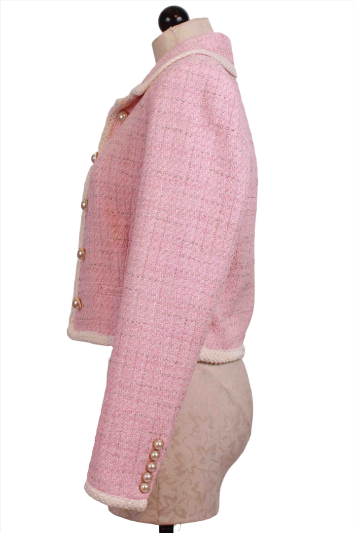 side view of Light Pink Lenore Tweed Blazer by Generation Love with Pearl Buttons and Braided Trim