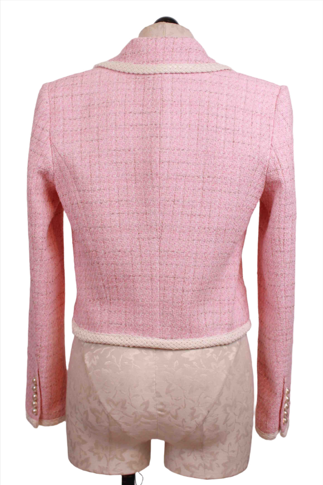 back view of Light Pink Lenore Tweed Blazer by Generation Love with Pearl Buttons and Braided Trim