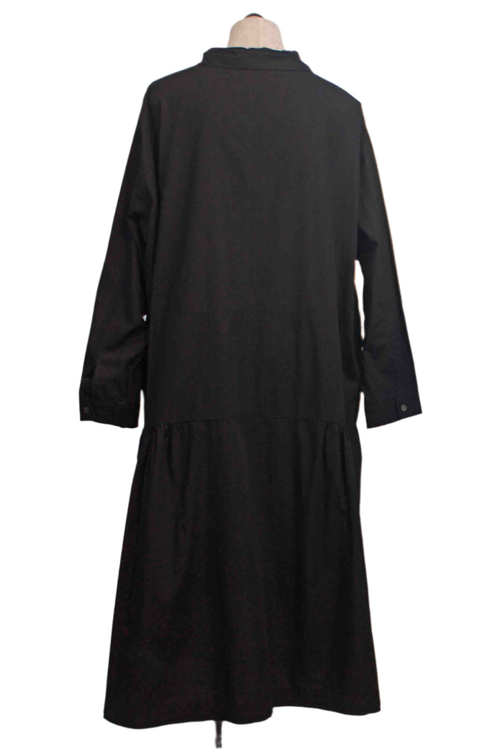 back view of black colored Uneven Gathered Side Cotton Shirt Dress by Moyuru