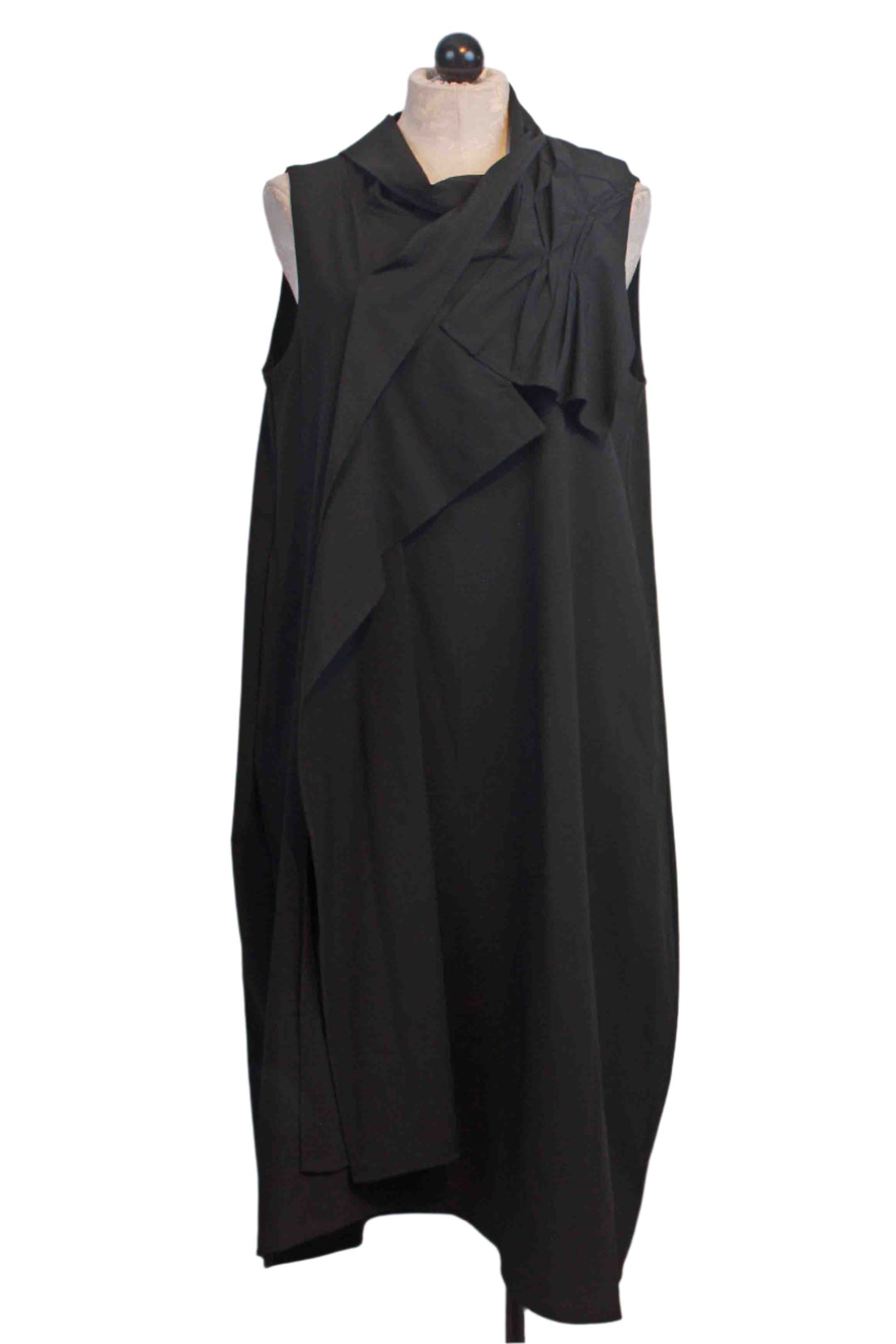 black Sleeveless Dress with a Twisted and Pleated Neck that drapes down the front by Moyuru 