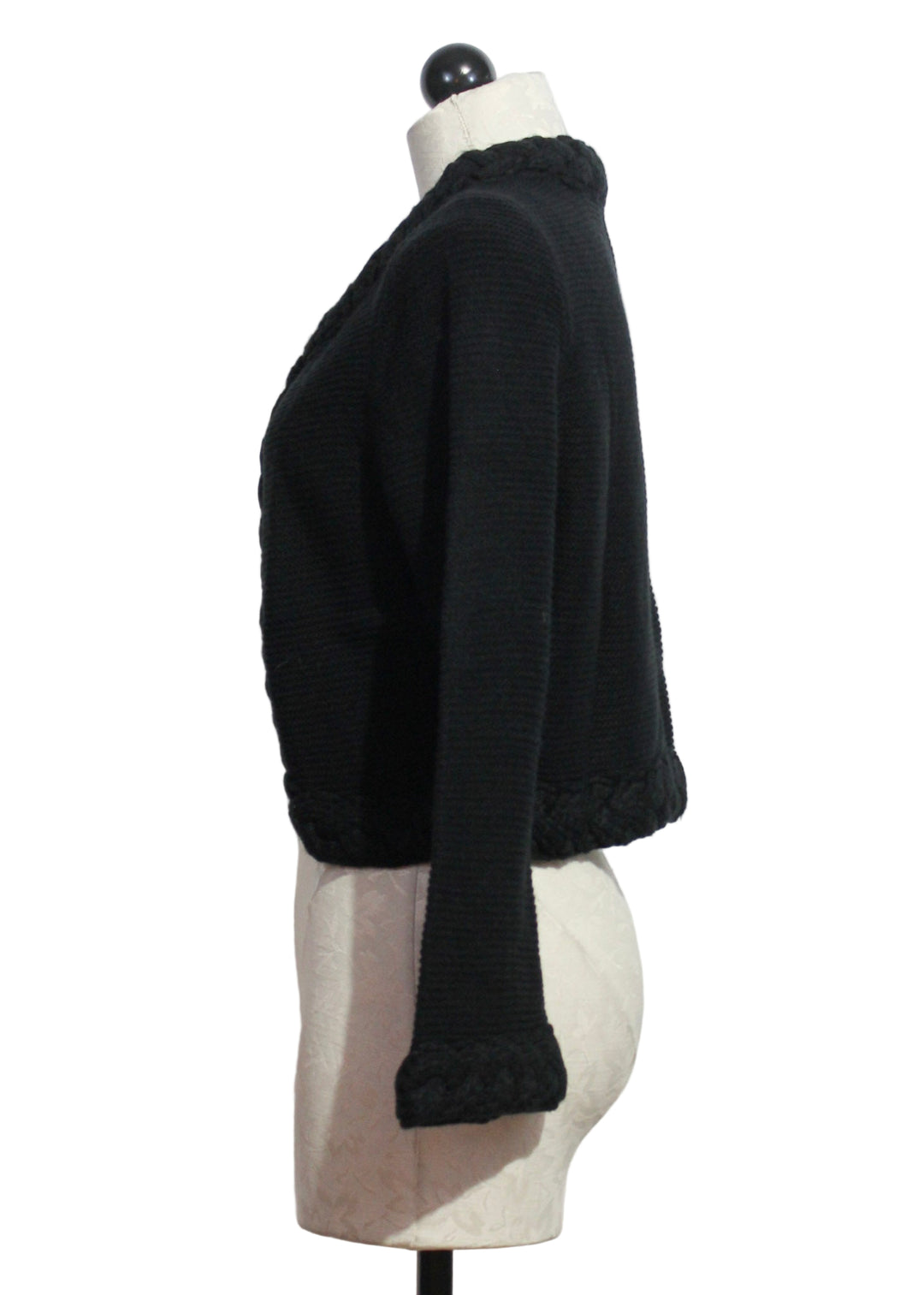 side view of Black Cropped Honey Cardigan by Elizabeth James
