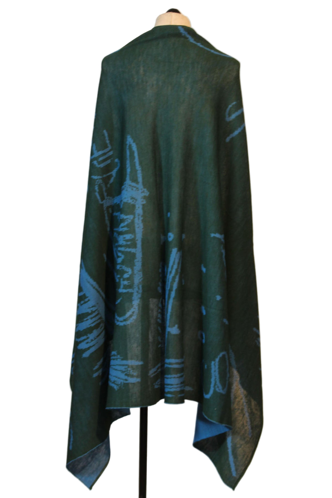 back view of Green/Aqua Reversible Wool Blend Abstract Print Stole by Moyuru