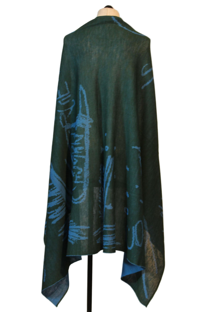 back view of Green/Aqua Reversible Wool Blend Abstract Print Stole by Moyuru