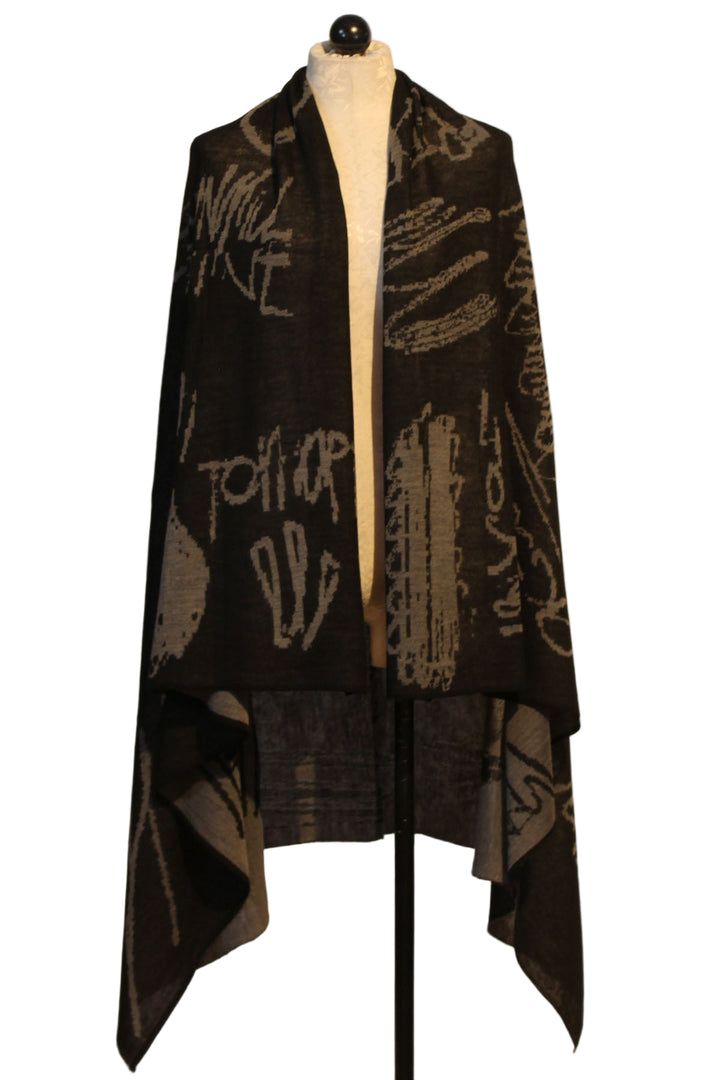 Silver/Black Reversible Wool Blend Abstract Print Stole by Moyuru