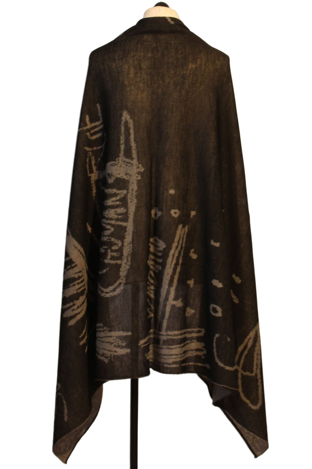 back view of Silver/Black Reversible Wool Blend Abstract Print Stole by Moyuru
