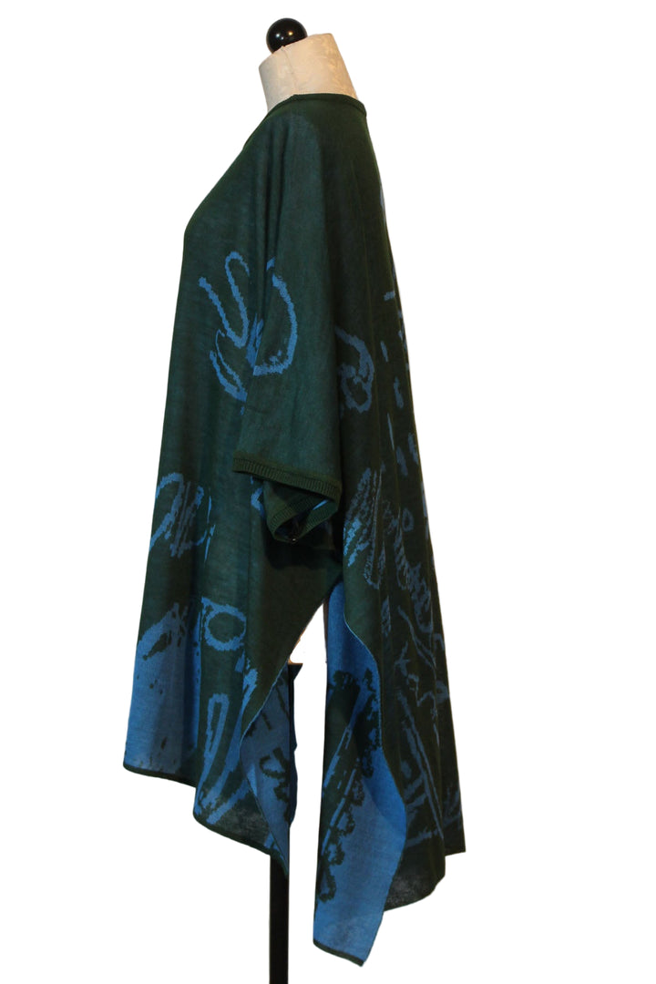 side view of Green/Aqua Soft Square Oversized Hi-Lo Wool Blend Tunic by Moyuru with a Abstract Print with Armholes