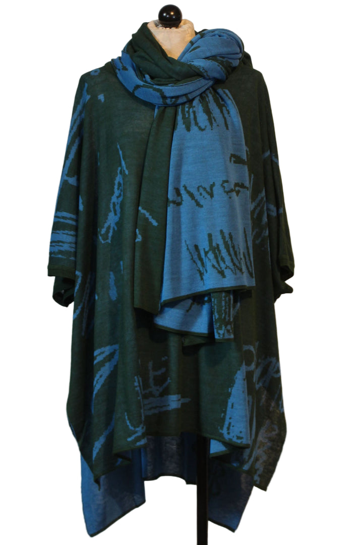 Green/Aqua Soft Square Oversized Hi-Lo Wool Blend Tunic by Moyuru with a Abstract Print with Armholes with matching Stole by Moyuru