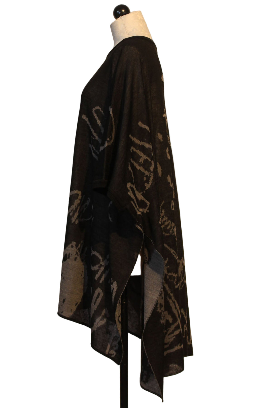 side view of Grey/Black Soft Square Oversized Hi-Lo Wool Blend Tunic by Moyuru with a Abstract Print with Armholes