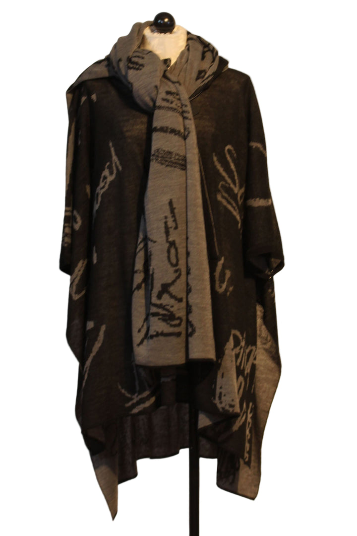 Grey/Black Soft Square Oversized Hi-Lo Wool Blend Tunic by Moyuru with a Abstract Print with Armholes paired with matching Stole by Moyuru