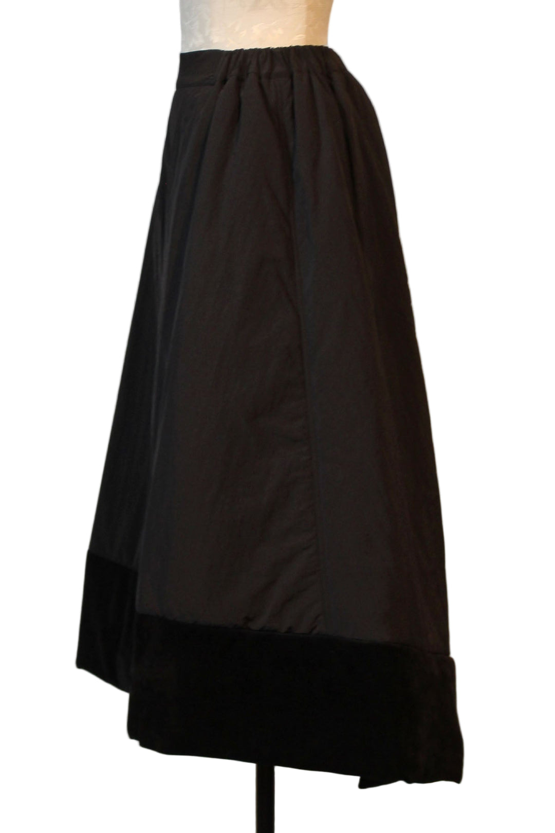 side view of Black Bubble Skirt with 6" Velvet Wrap Hem by Moyuru with Elastic Back Waistband