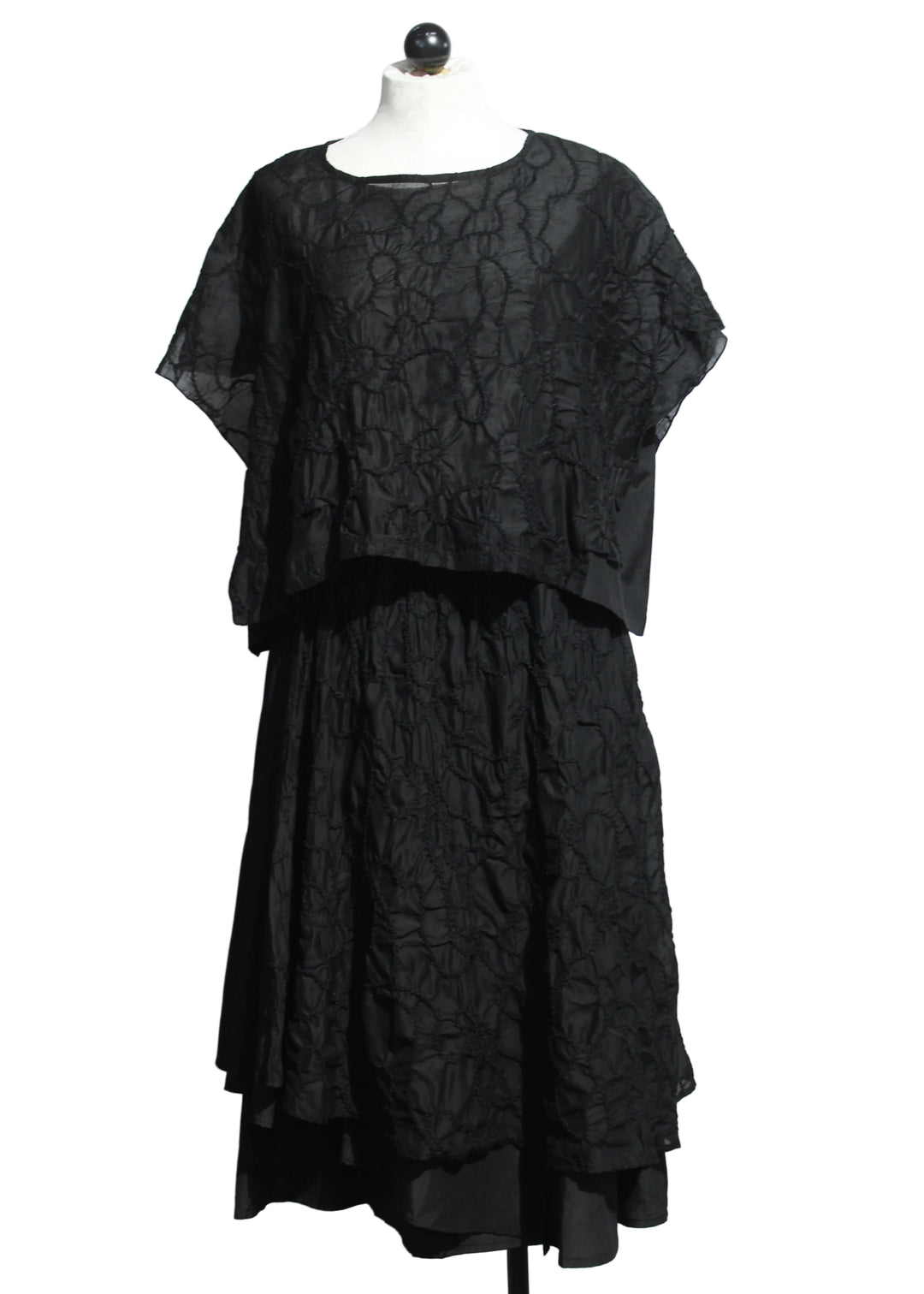 Black Embroidered Cap Sleeve Cropped Top by Moyuru paired with the matching Black Embroidered Overlay Skirt by Moyuru