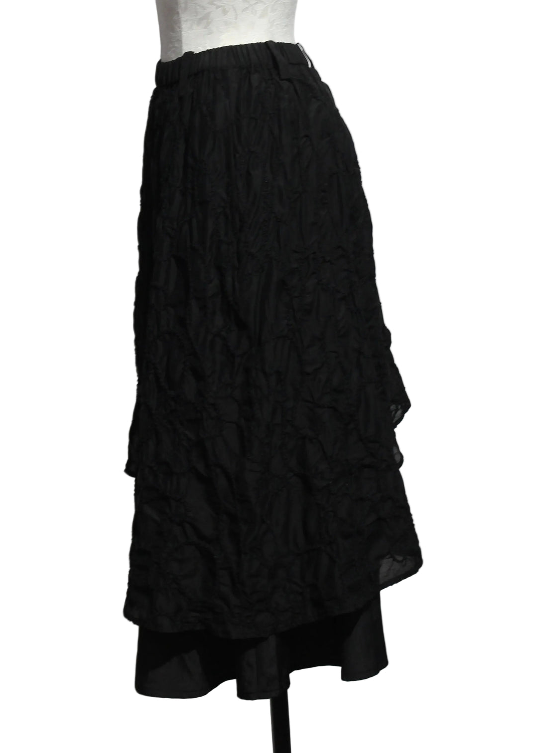 side view of Black Embroidered Overlay Skirt by Moyuru