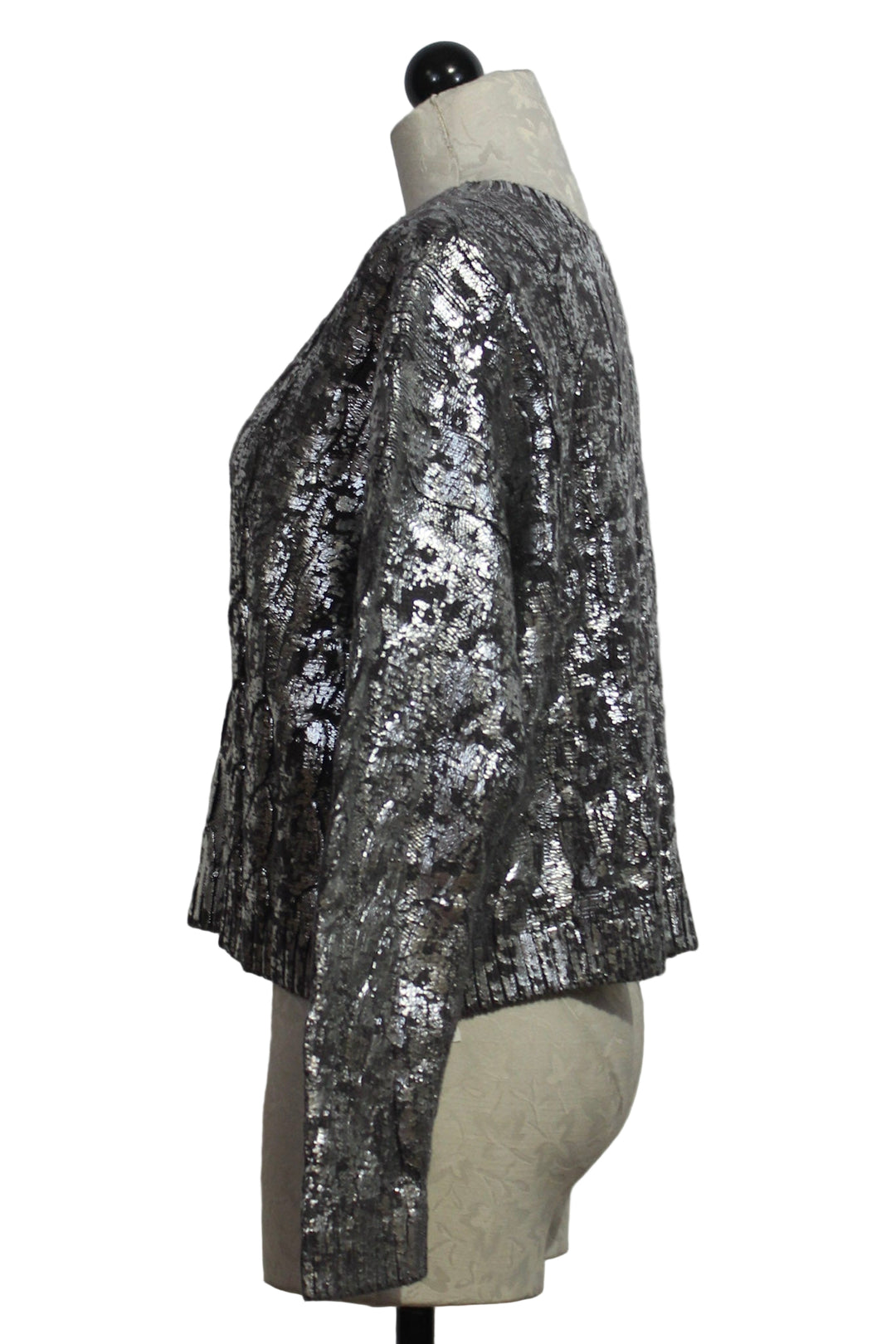 Side view of Lava/Silver Mini Foil Cable Sweater by Planet